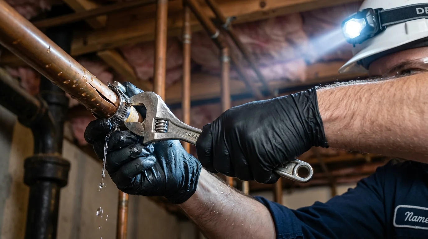 Emergency pipe clamp repair being performed by a Johns Plumbing LLC plumber in Flemington