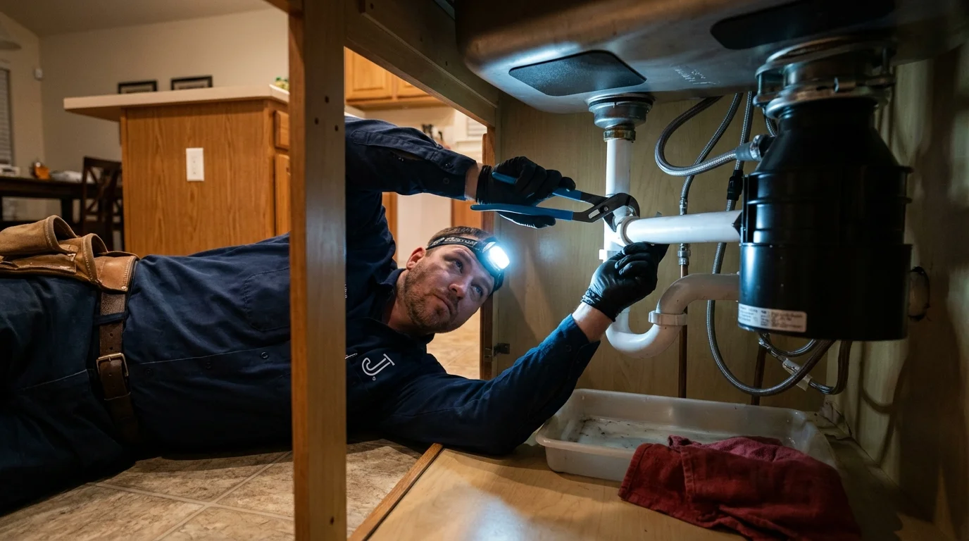 P-trap and supply line connections under a kitchen sink showing a common leak point in Flemington, NJ